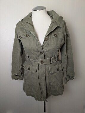 Women's Army Green Jacket Pockets Hood Small